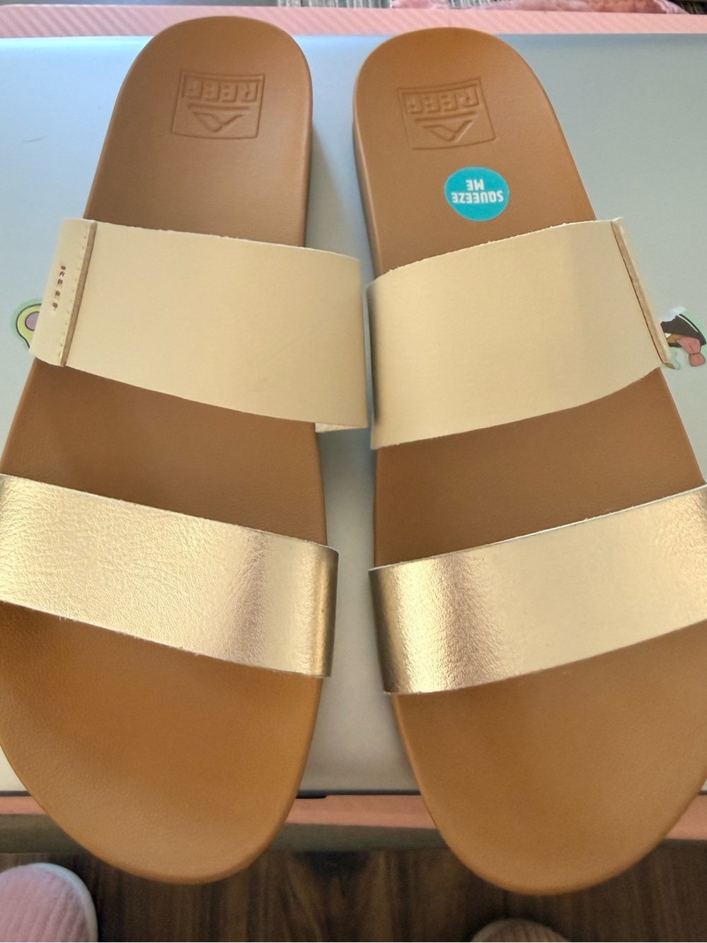 Reef Women’s Cream and Metallic Gold Double-Strap Slide Sandals